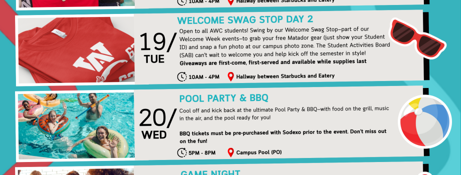 A turquoise and red poster featuring the full Welcome Week Events Schedule